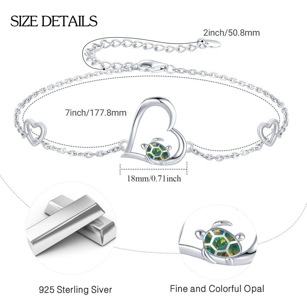 Sterling Silver Heart Opal Sea Turtle & Tortoise Charm Bracelet-4