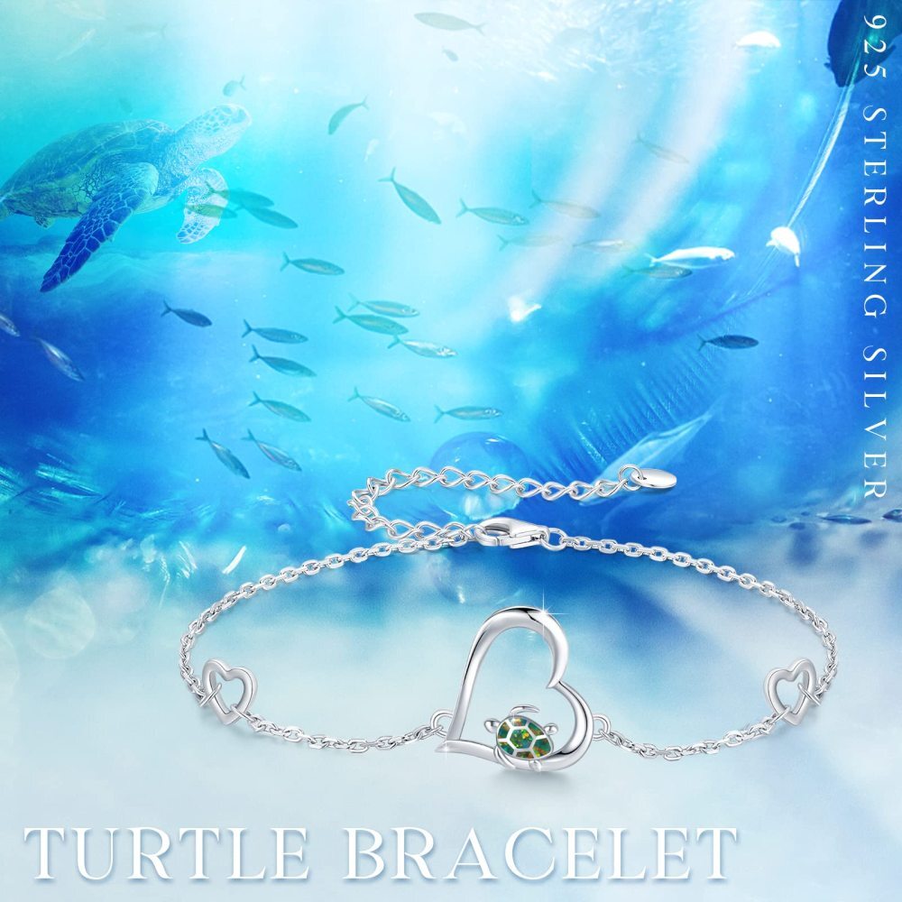 Sterling Silver Heart Opal Sea Turtle & Tortoise Charm Bracelet-5