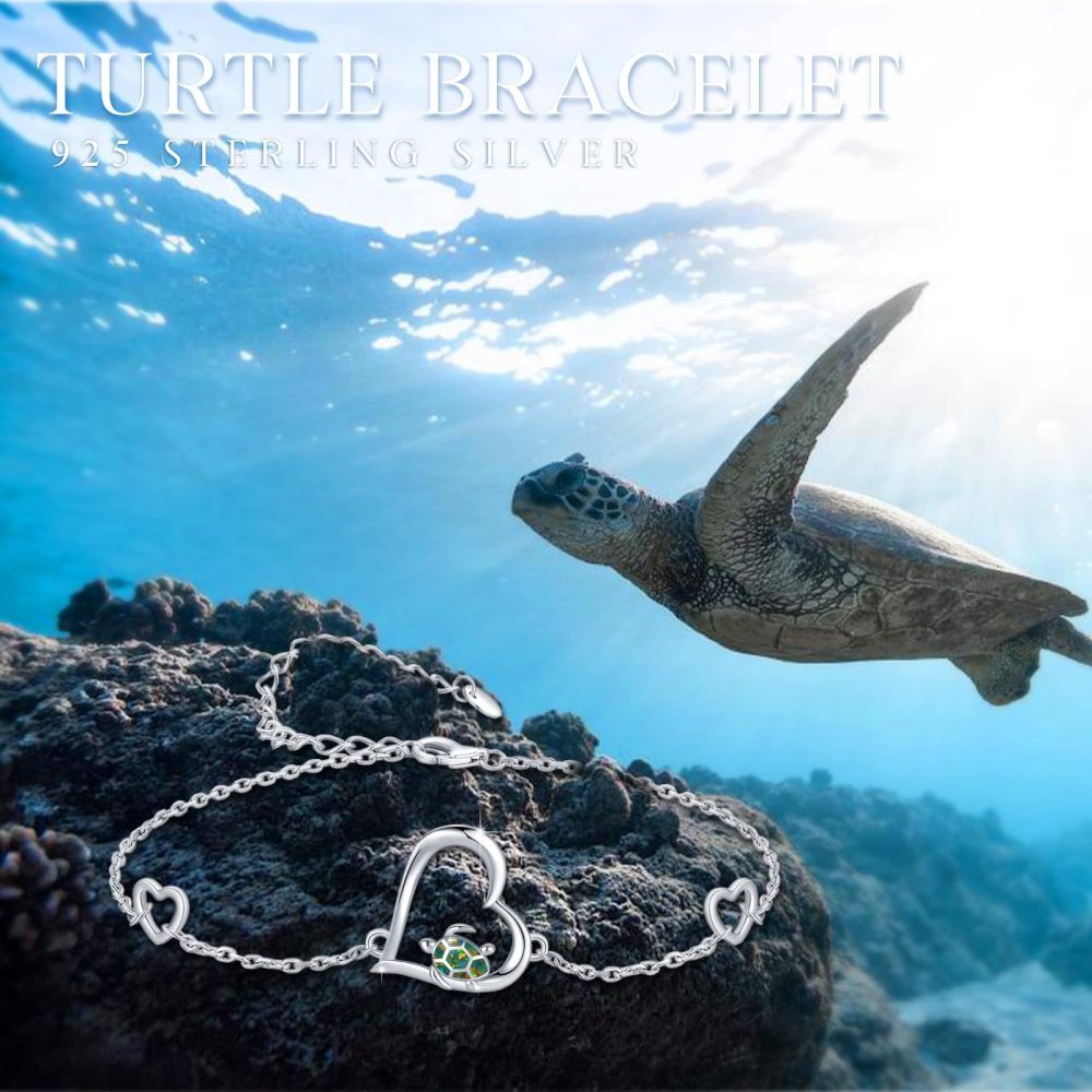 Sterling Silver Heart Opal Sea Turtle & Tortoise Charm Bracelet-6