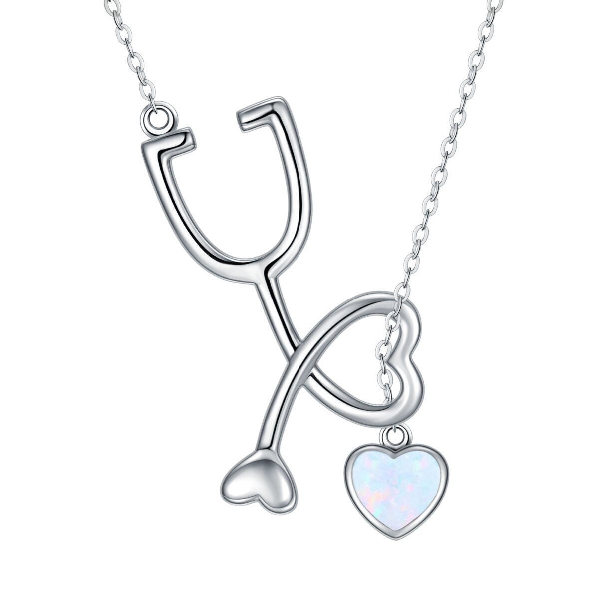 Sterling Silver Heart Opal Stethoscope Pendant Necklace For Women-1