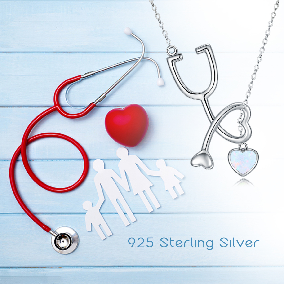 Sterling Silver Heart Opal Stethoscope Pendant Necklace For Women-5