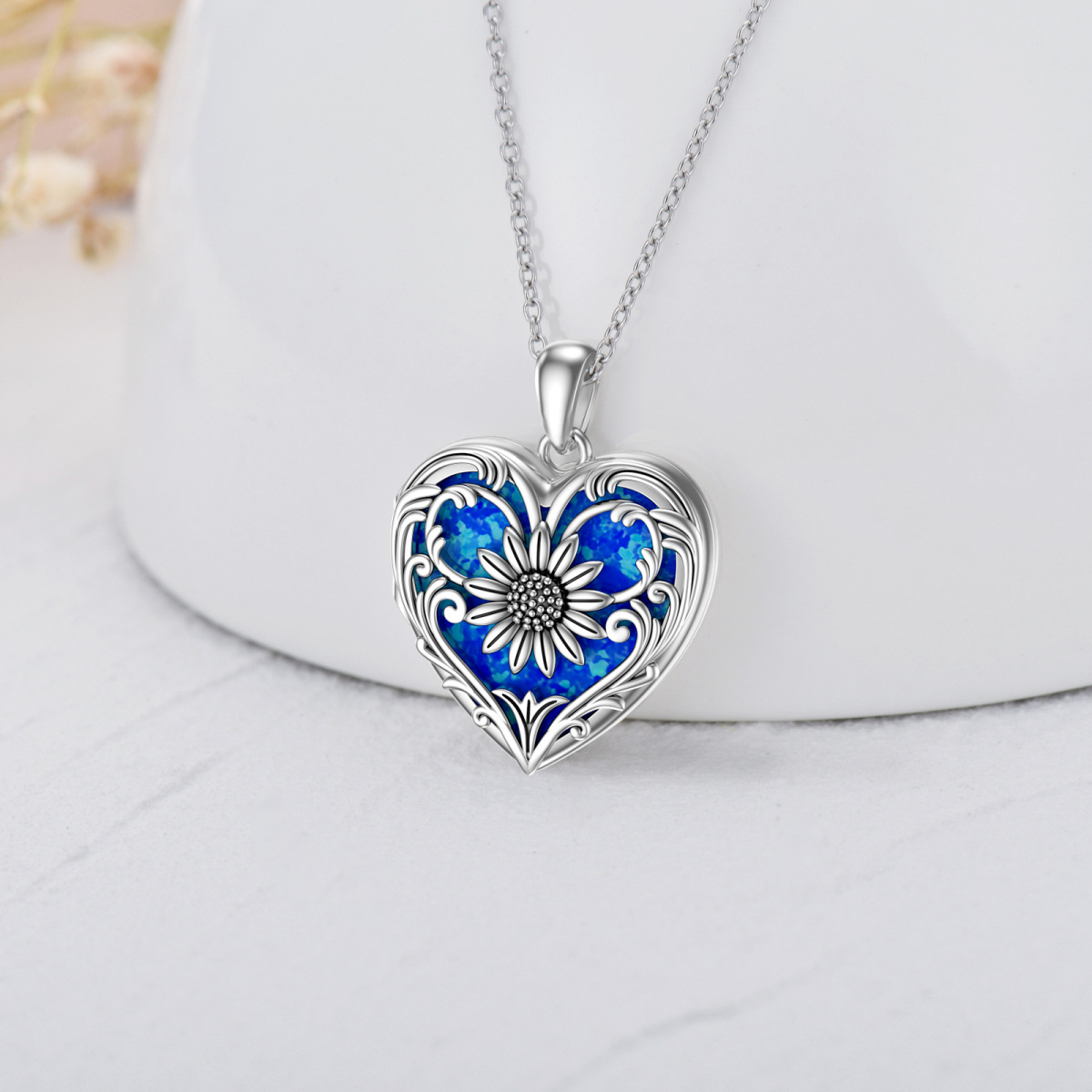 Sterling Silver Heart Opal Sunflower Personalized Photo Locket Necklace-4