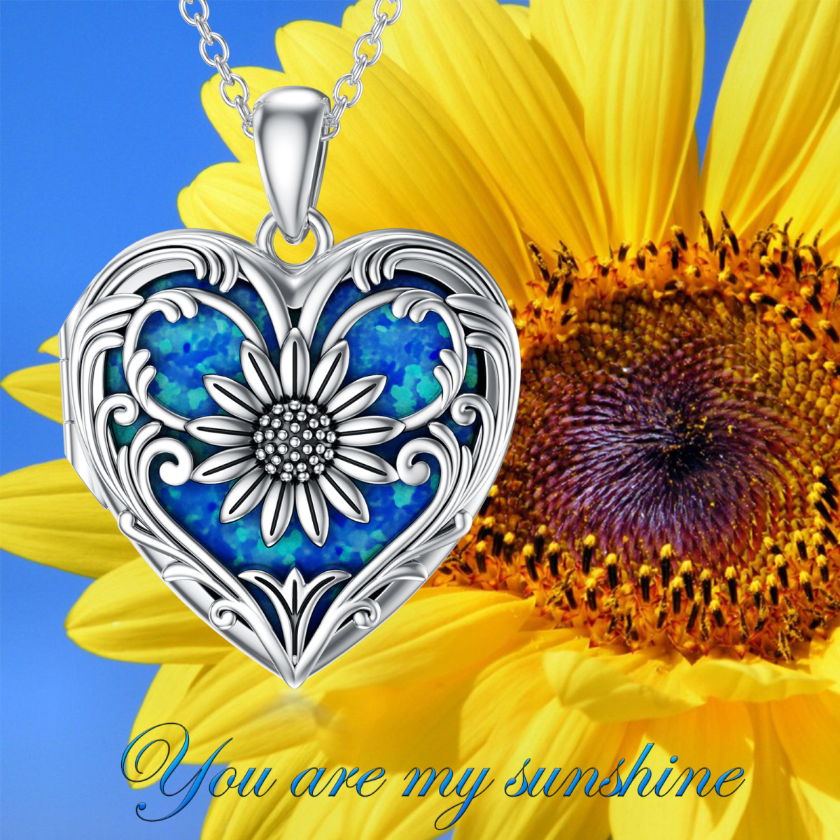 Collar con medallón con foto personalizado de girasol y ópalo de corazón de plata de ley-6