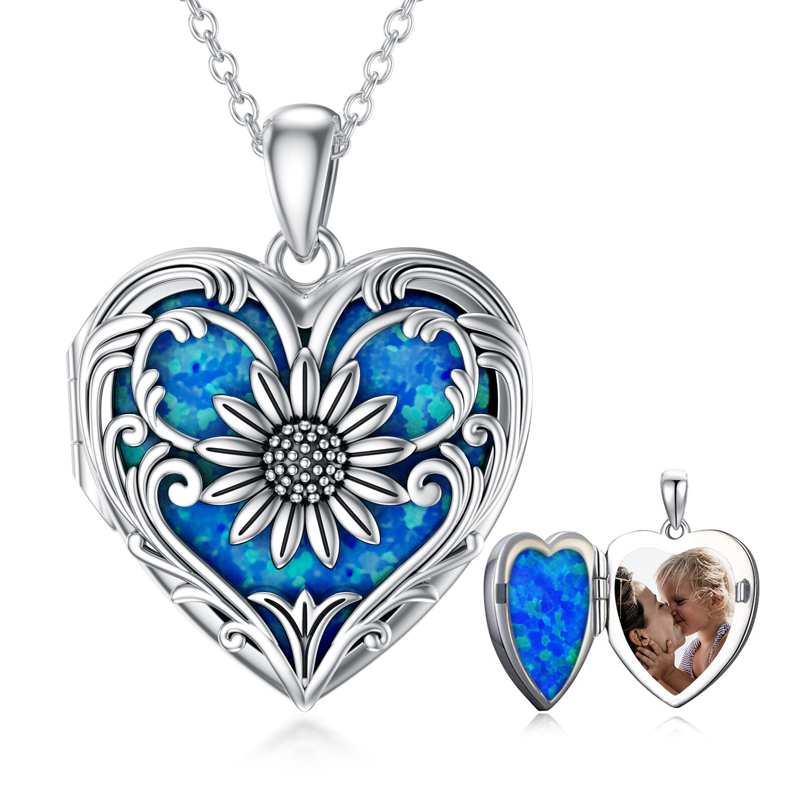 Sterling Silber Herz Opal Sonnenblume personalisierte Foto Medaillon Halskette