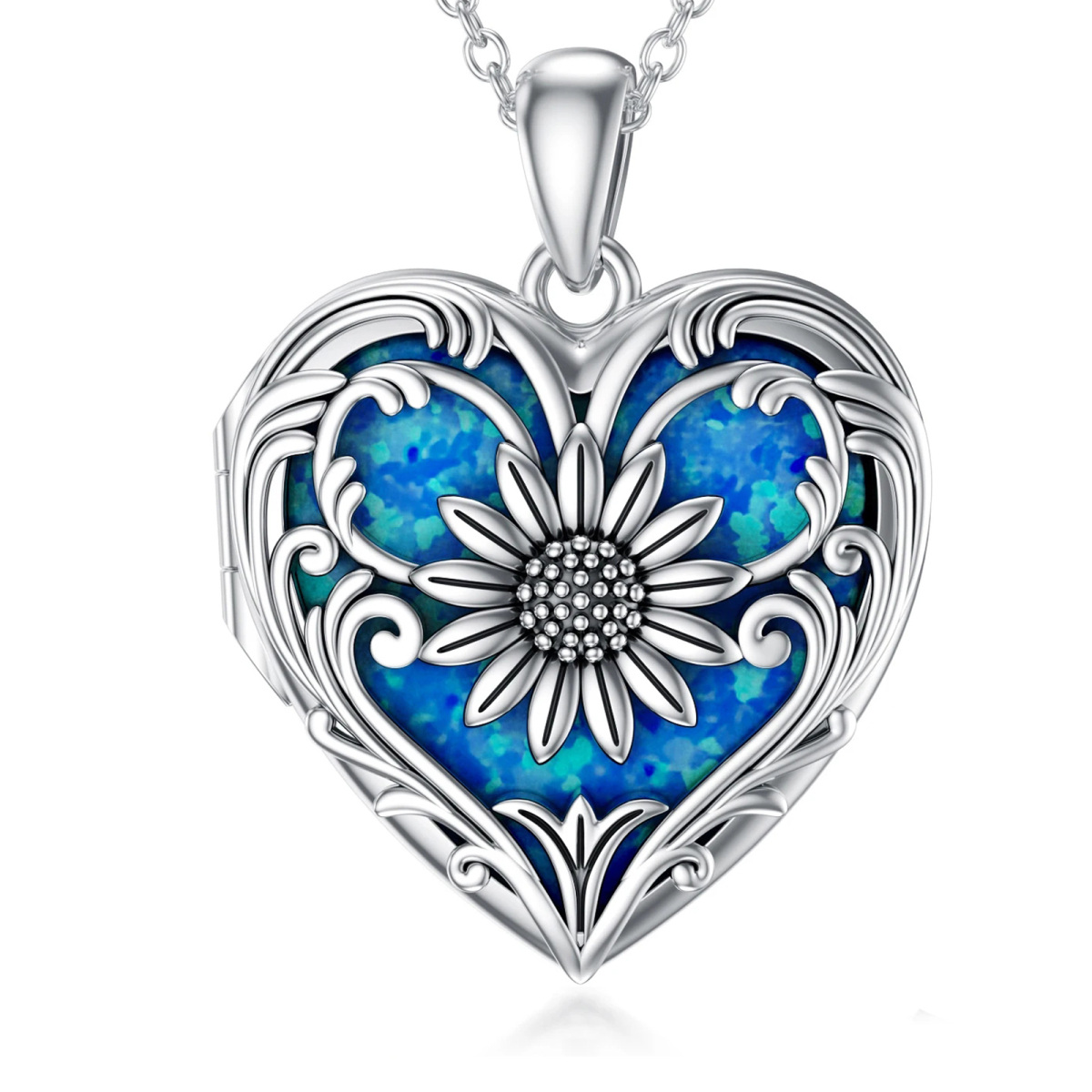 Collar con medallón con foto personalizado de girasol y ópalo de corazón de plata de ley-1