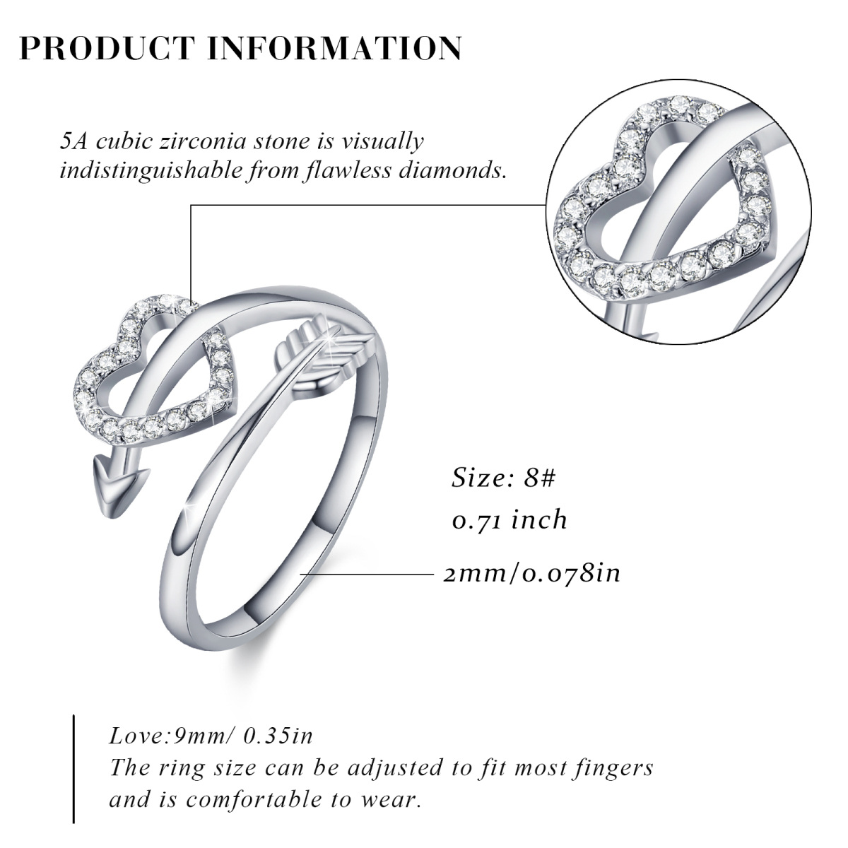 Anel aberto com coração de zircônia cúbica em prata esterlina-6