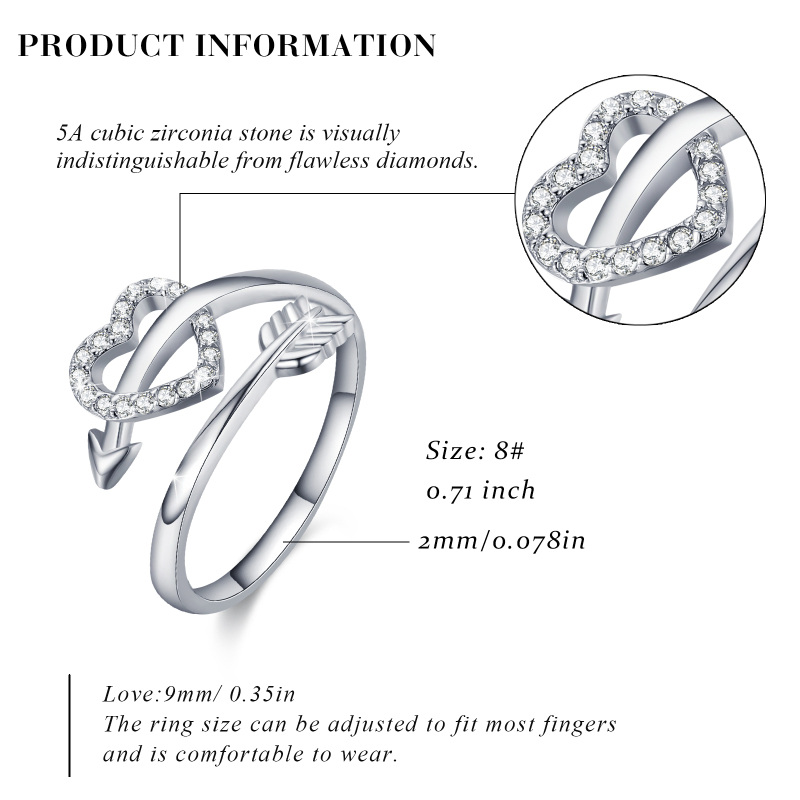 خاتم مفتوح على شكل قلب من الفضة الإسترلينية مرصع بالزركونيا المكعبة-6