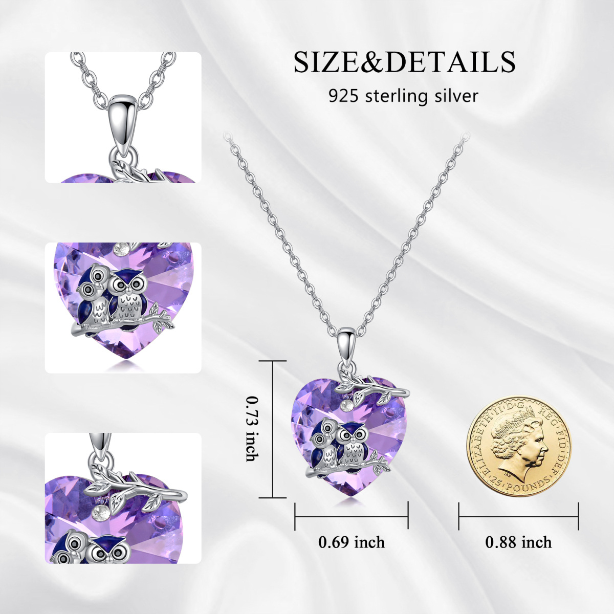 Collar de plata de ley corazón de cristal búho colgante para las mujeres mejores amigos-7