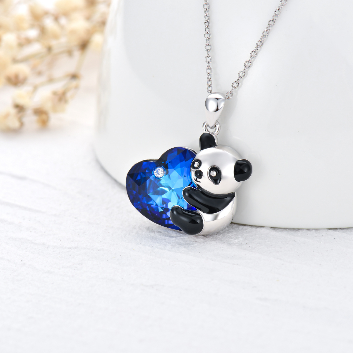 Colar com pingente de cristal panda de coração em prata esterlina-3