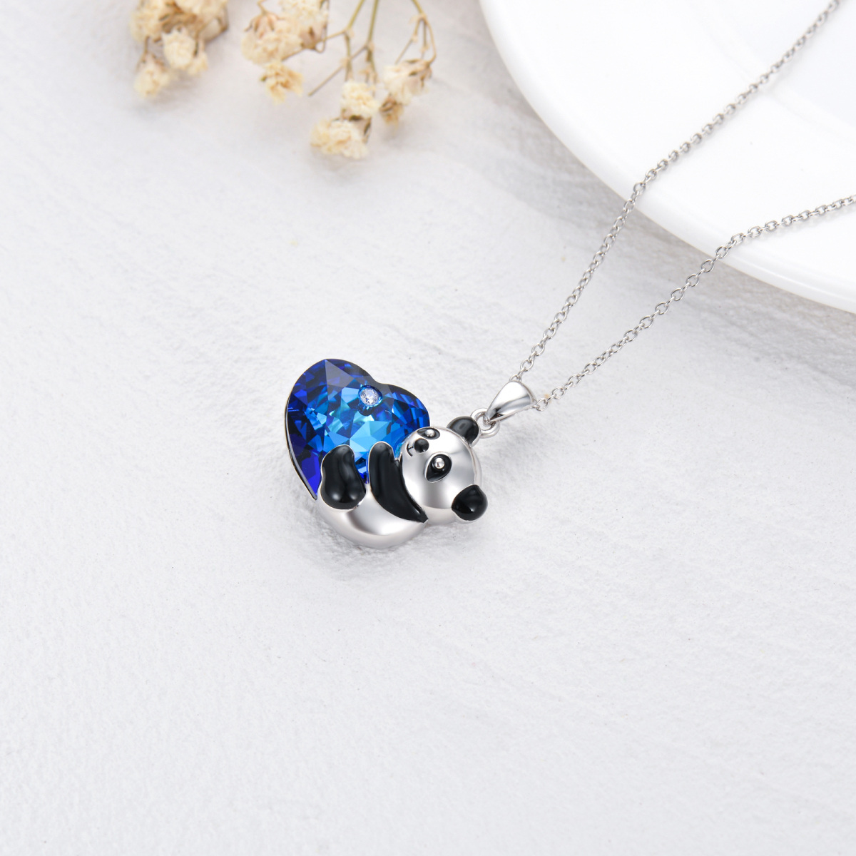 Collier pendentif en cristal de panda coeur en argent sterling-4