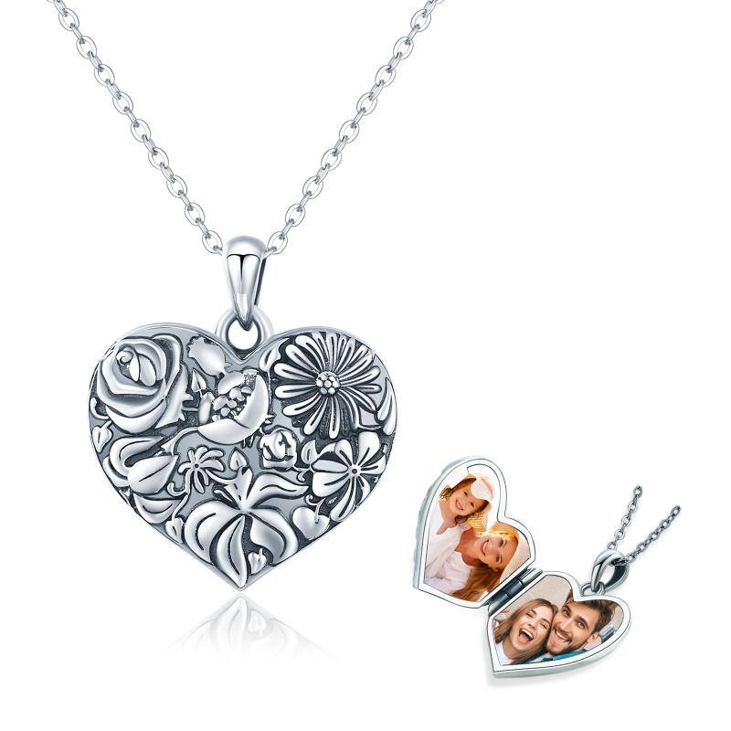 Sterling Silver Heart Pendant Birth Flower Personalized Photo Locket Necklace