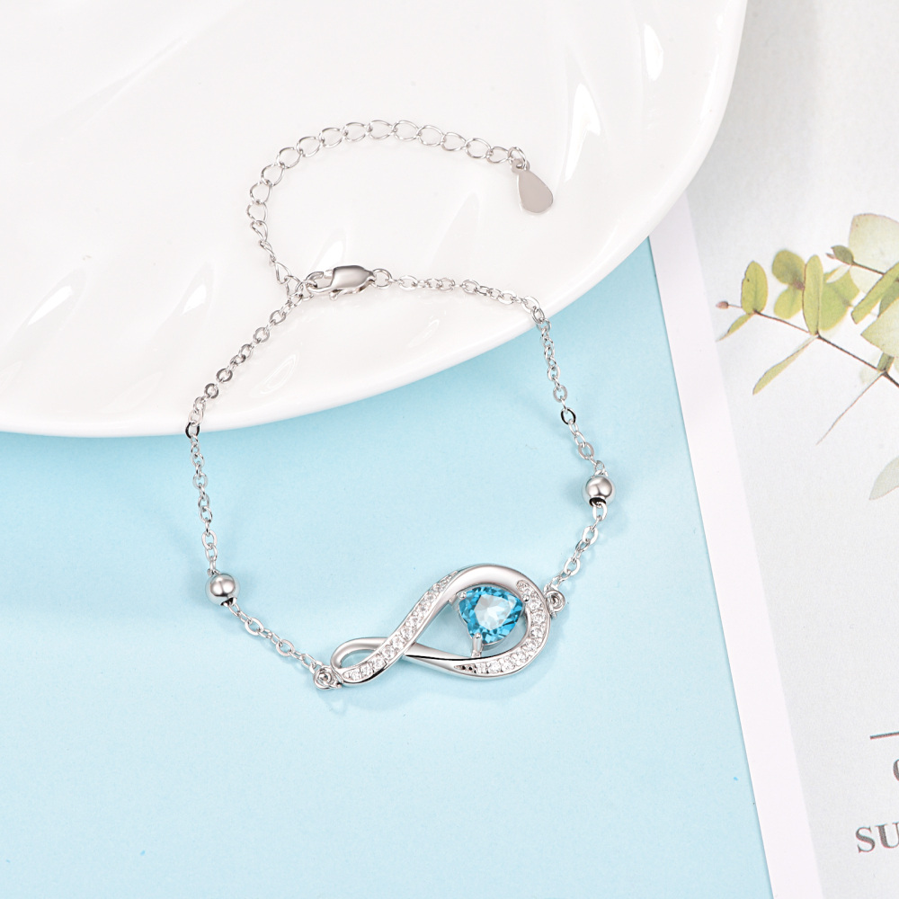 Sterling Silver Cubic Zirconia Heart Charm Bracelet-3
