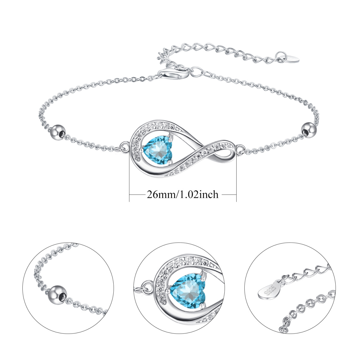 Pulsera de plata de ley con colgante de corazón de circonita cúbica-6