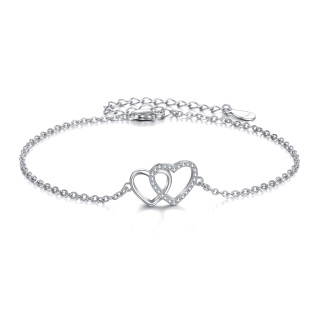 Sterling Silver Cubic Zirconia Heart With Heart Pendant Bracelet-2