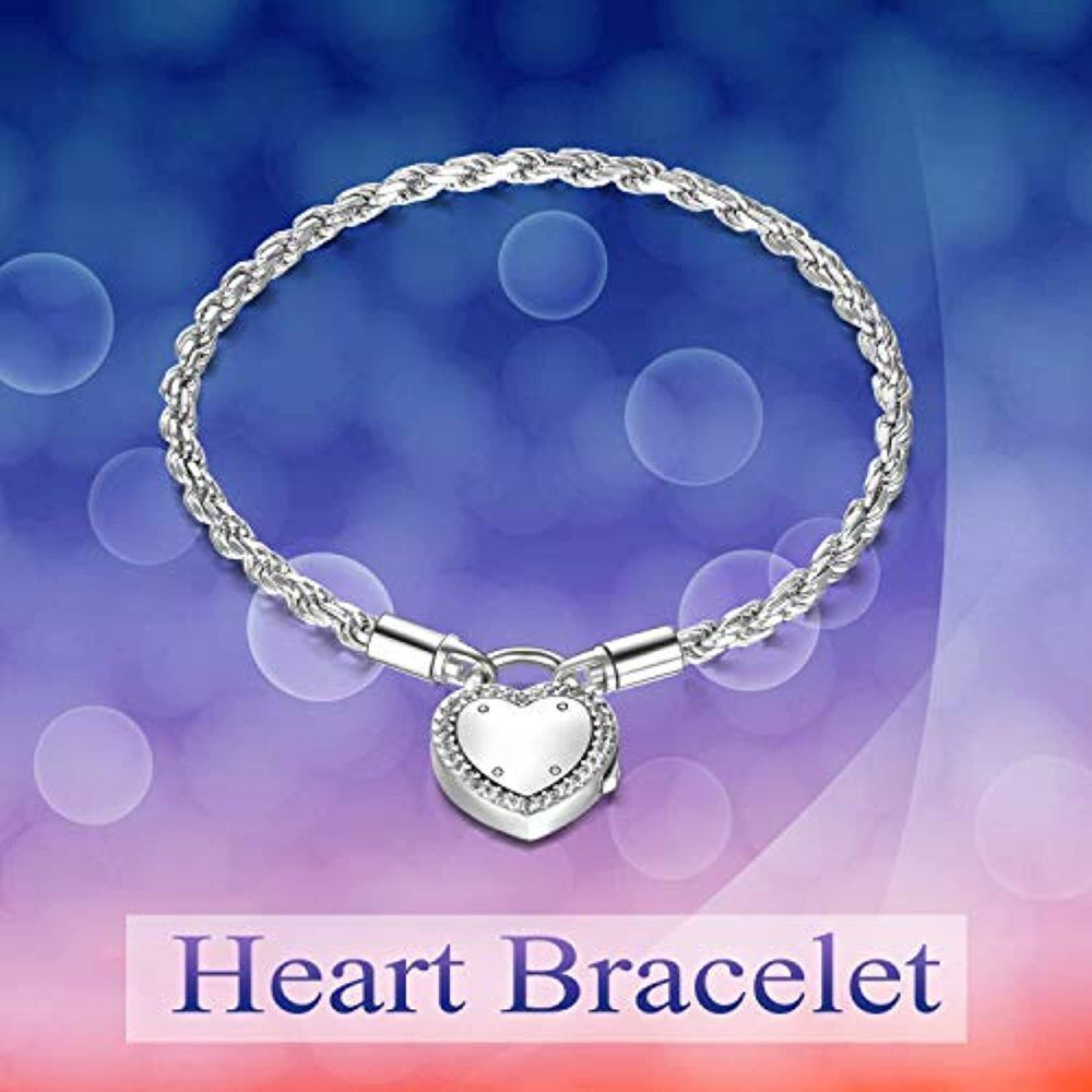 Sterling Silver Heart Charm Bracelet with Rope Chain-5