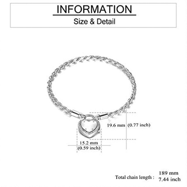 Pulseira de prata esterlina com pingente de coração e corrente de corda-6