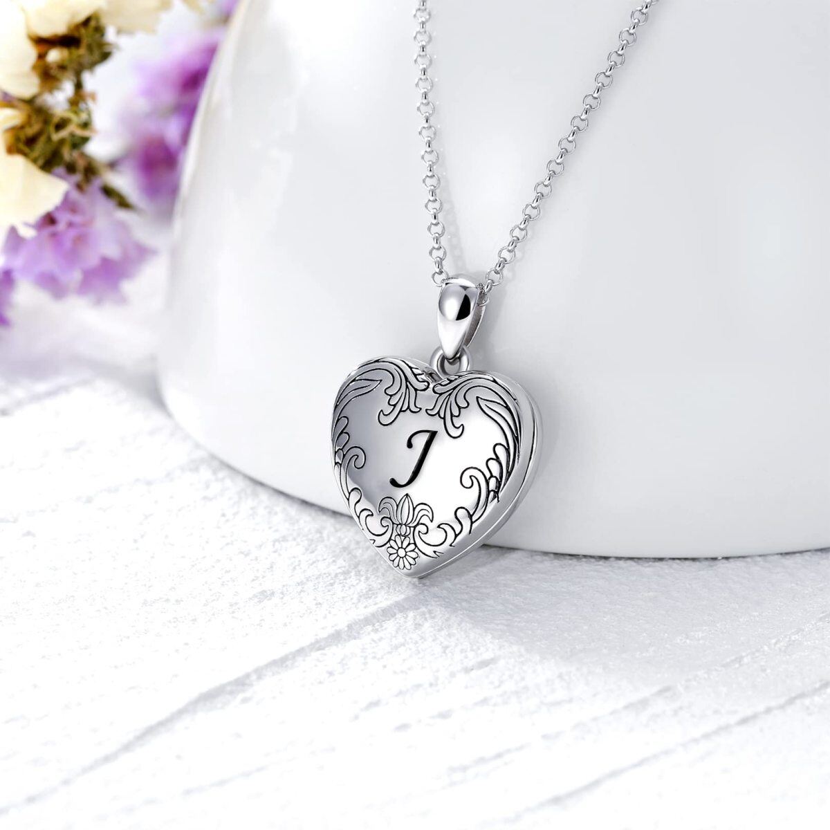 Sterling Silver Personalized Initial Letter Personalized Photo Locket Necklace with Initial Letter J-3