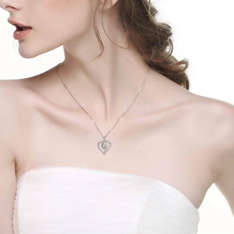 Sterling Silver Cubic Zirconia Heart Pendant Necklace with Box Chain-2