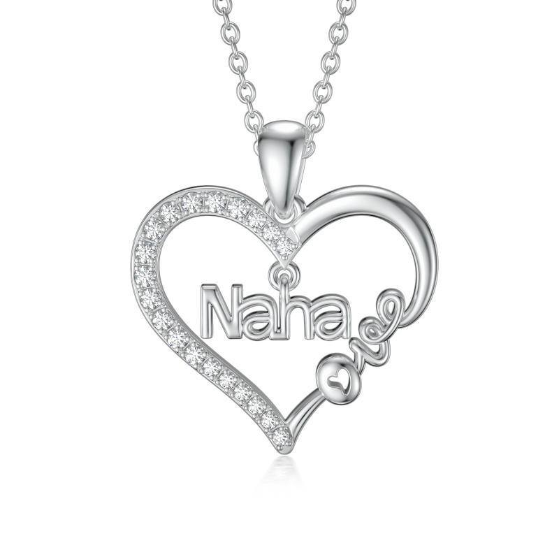 Collar con colgante de corazón de plata de ley con circonita cúbica y grabado Love Nana-1