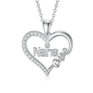 Sterling Silver Cubic Zirconia Heart Pendant Necklace Engraved Love Nana-53