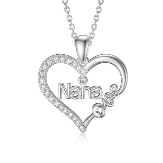 Sterling Silver Cubic Zirconia Heart Pendant Necklace Engraved Love Nana