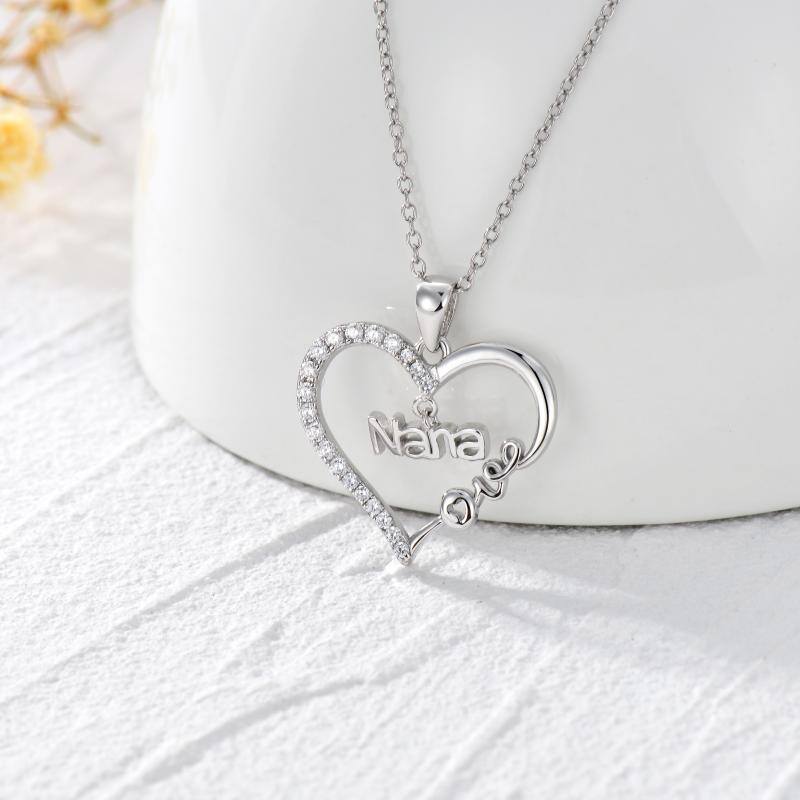 Collier pendentif coeur en argent sterling et oxyde de zirconium gravé Love Nana-3