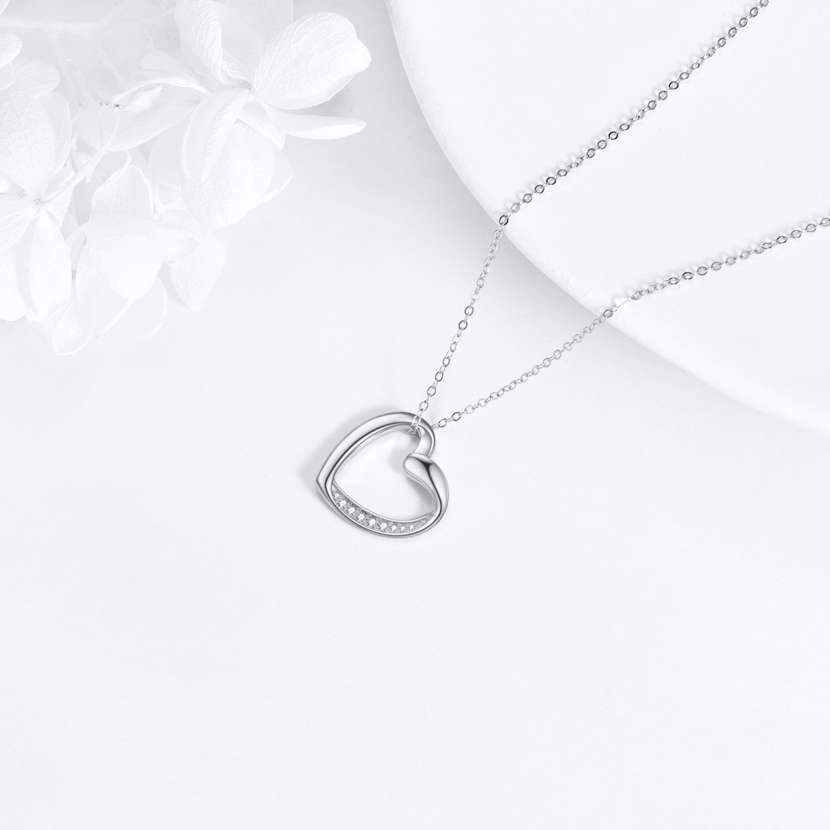 Sterling Silver Cubic Zirconia Heart Pendant Necklace-4