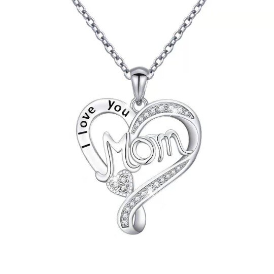 Sterling Silver Cubic Zirconia Heart Pendant Necklace with Engraved Word