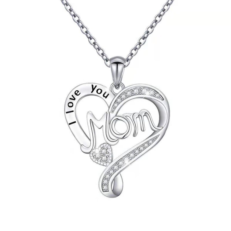 Collar con colgante de corazón de circonita cúbica en plata de ley con palabra grabada-1