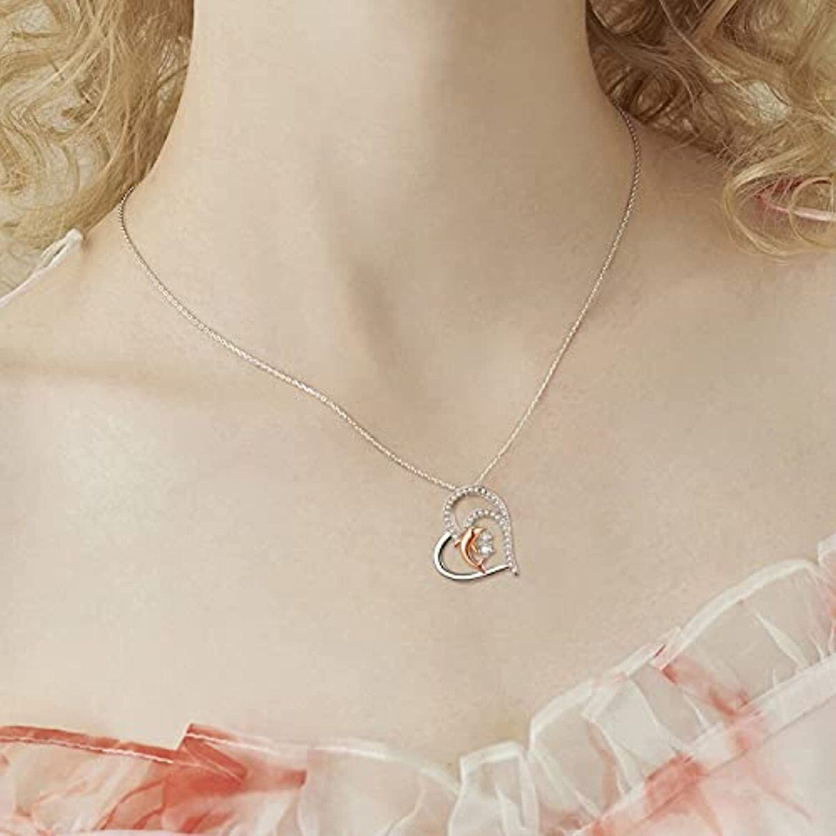 Sterling Silver Cubic Zirconia Heart Pendant Necklace-2