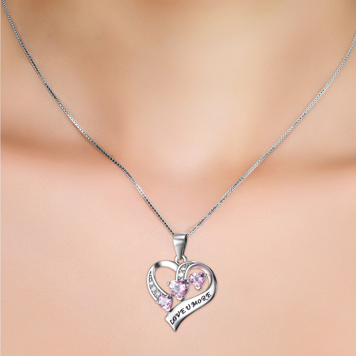 Collana con ciondolo a forma di cuore in argento sterling con zirconia cubica e parola incisa-2