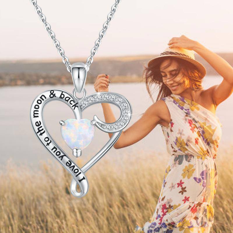 Sterling Silver Heart Opal With Zircon Pendant Necklace For Women-7
