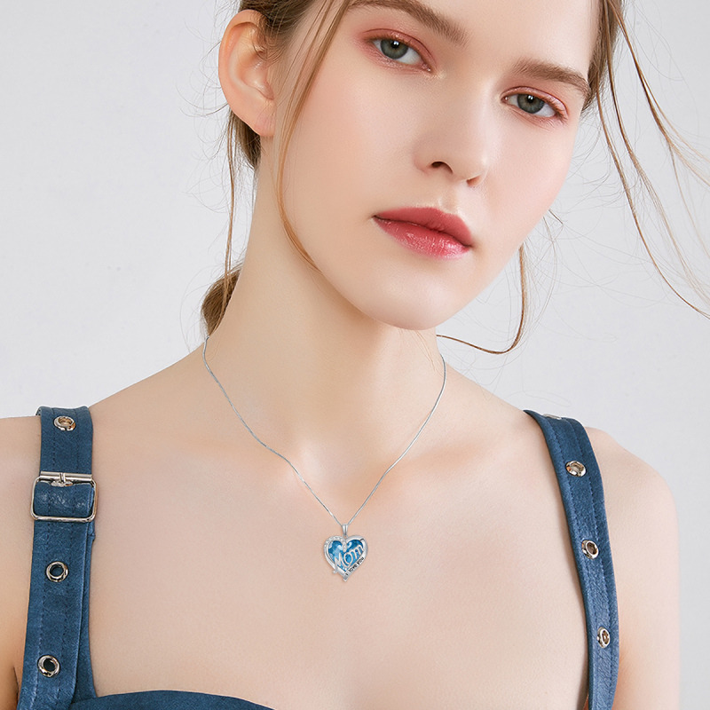 Sterling Silver Heart Cubic Zirconia Engraved Pendant Necklace for Women-2