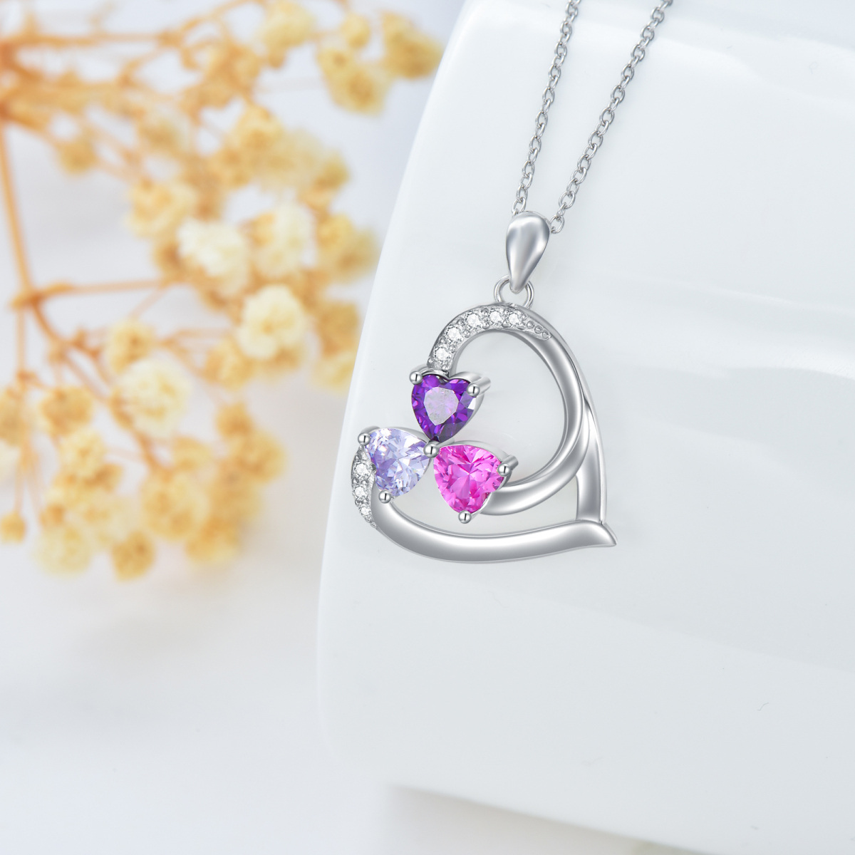 Sterling Silver Heart Pendant & Personalized Engraving & Birthday Stone Necklace-2