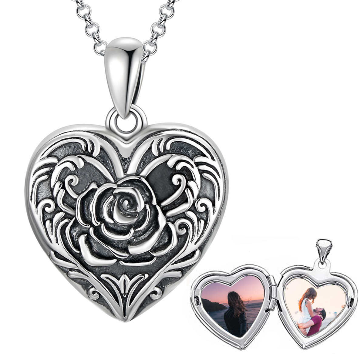 Collar personalizado con foto grabada en forma de corazón y rosa en plata de ley para mujeres y hombres-1