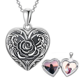 Sterling Silver Rose Personalized Photo Heart Engraved Necklace for Women Men-21