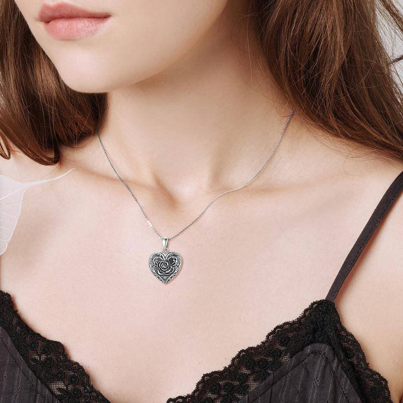 Collar personalizado con foto grabada en forma de corazón y rosa en plata de ley para mujeres y hombres-5