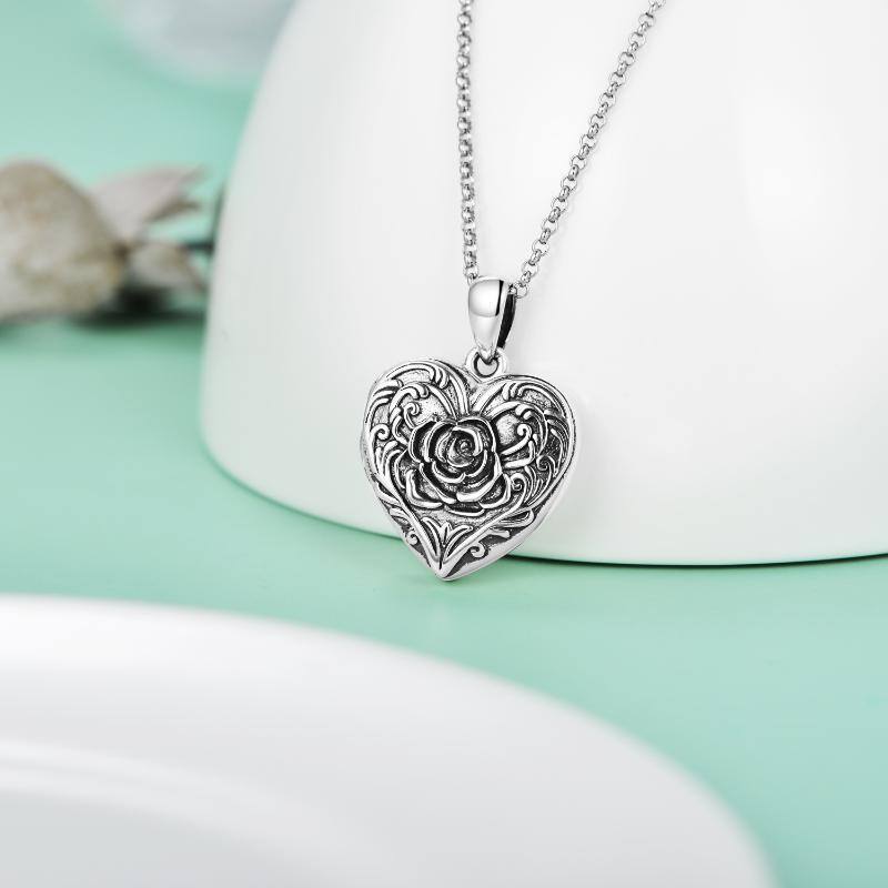 Collier en argent sterling avec pendentif en forme de coeur et rose. gravure personnalisée et médaillon avec photo-4