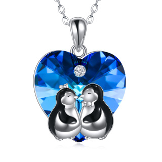 Sterling Silver Two Tone Heart Crystal With Penguin Couple Pendant Necklace For Women-14