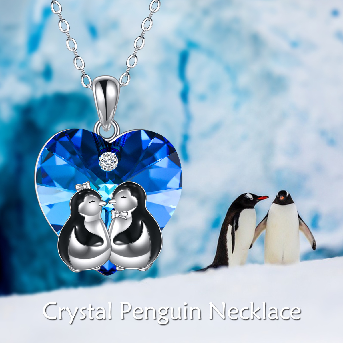 Sterling Silver Two Tone Heart Crystal With Penguin Couple Pendant Necklace For Women-6