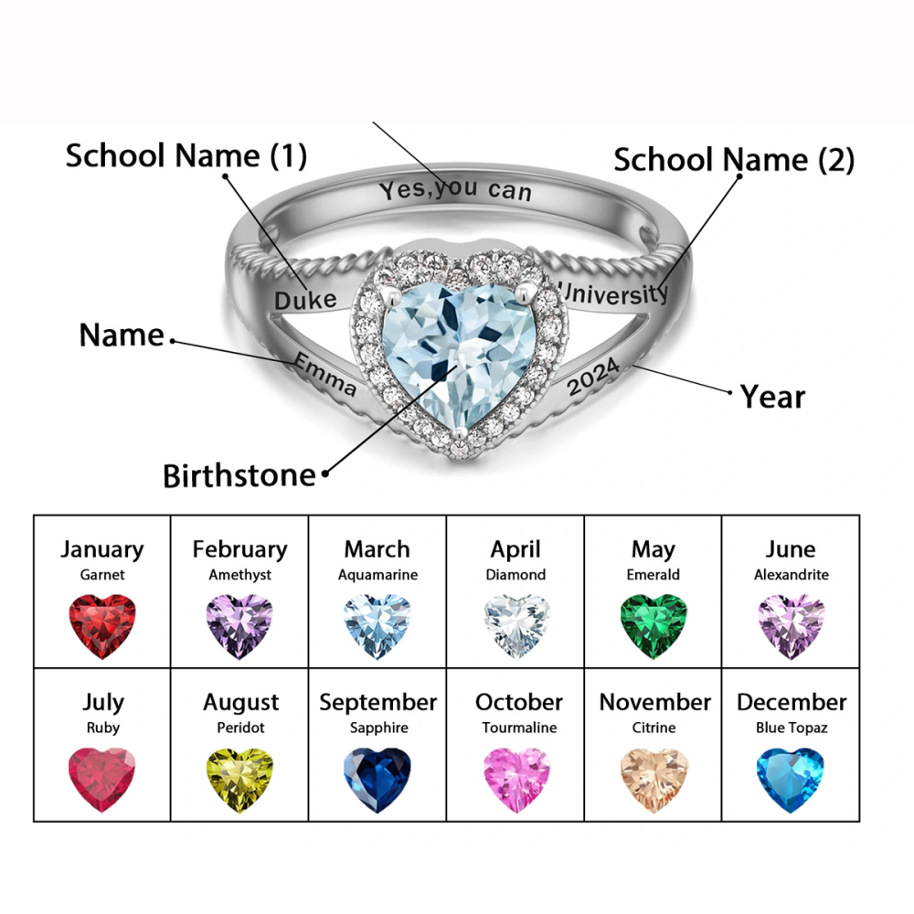 Sterling Silver Heart Personalized Birthstone With Personalized Engraving Ring For Women-5