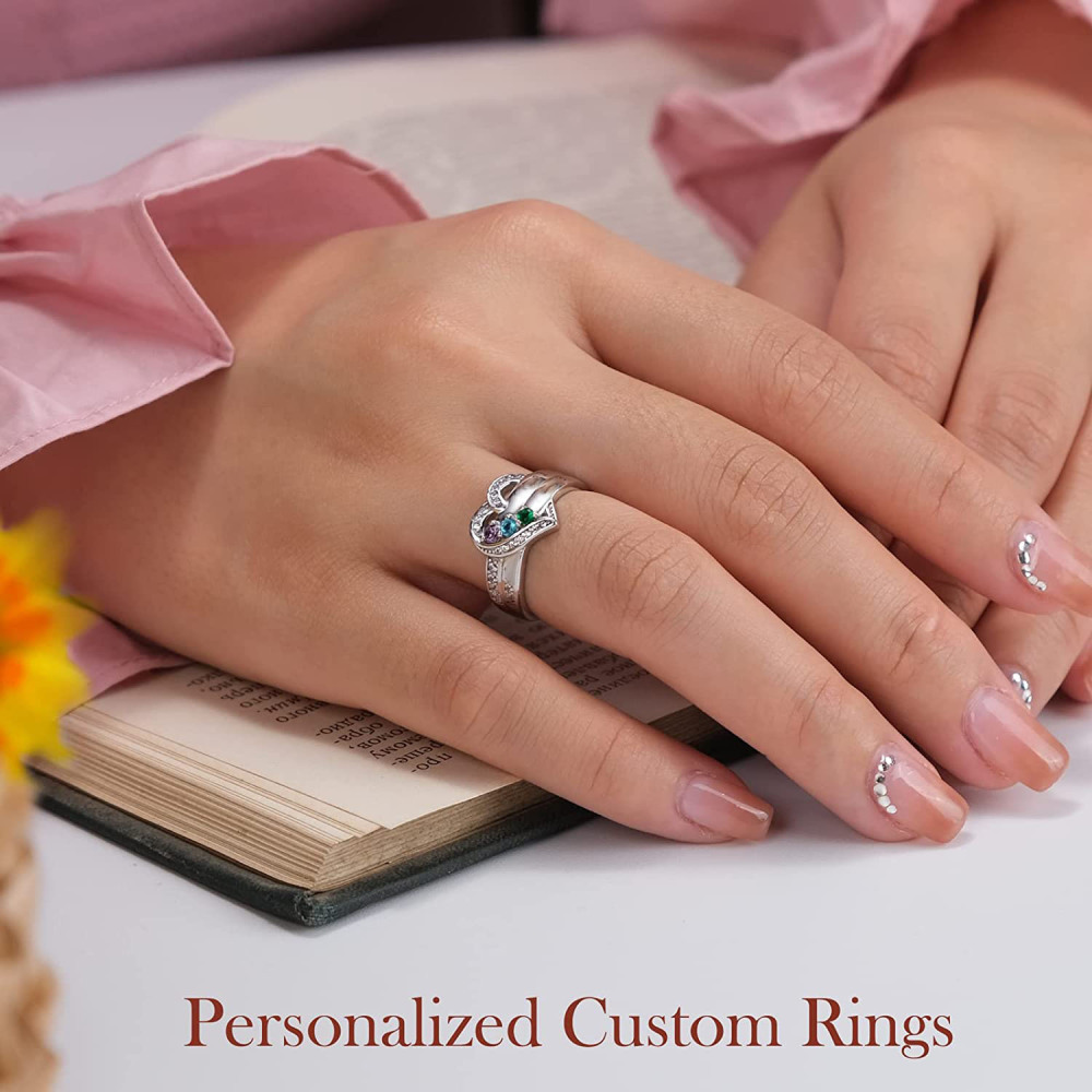 Anillo de plata de ley con grabado personalizado en forma de corazón y piedra de nacimiento-2