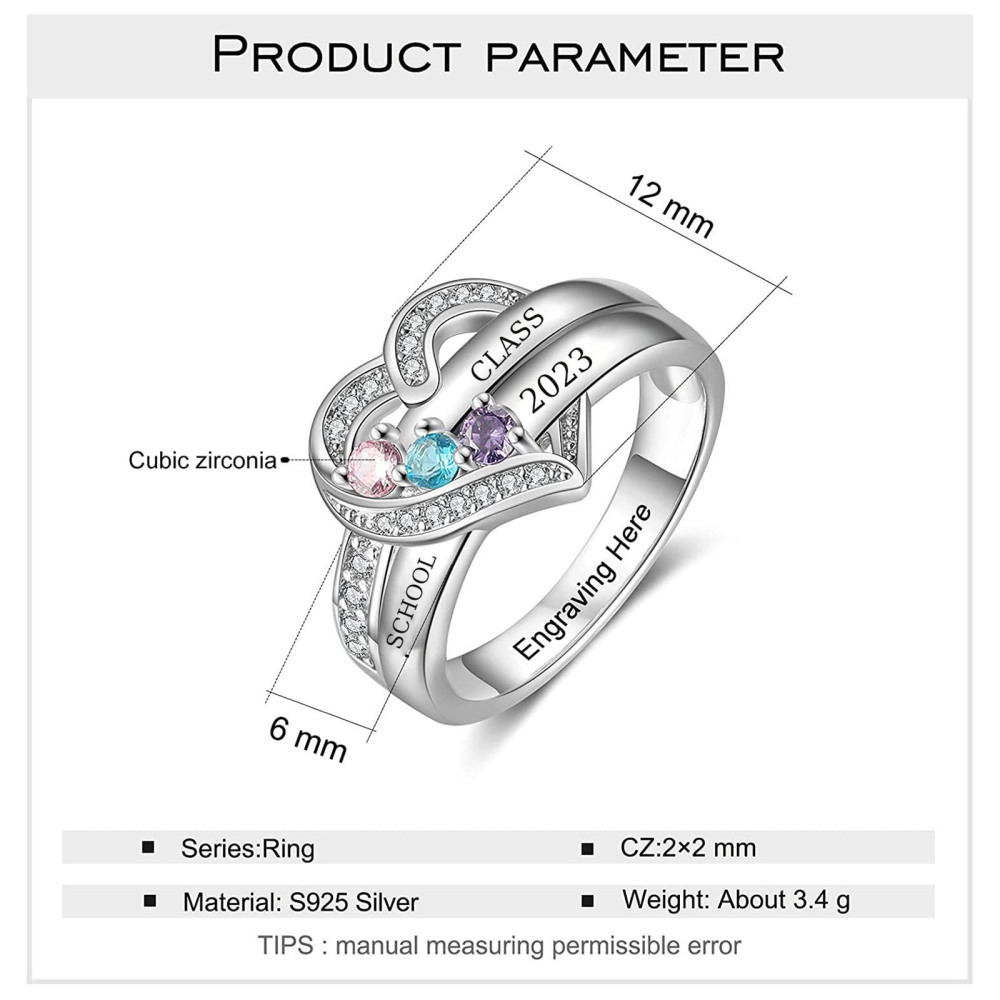 Anillo de plata de ley con grabado personalizado en forma de corazón y piedra de nacimiento-3