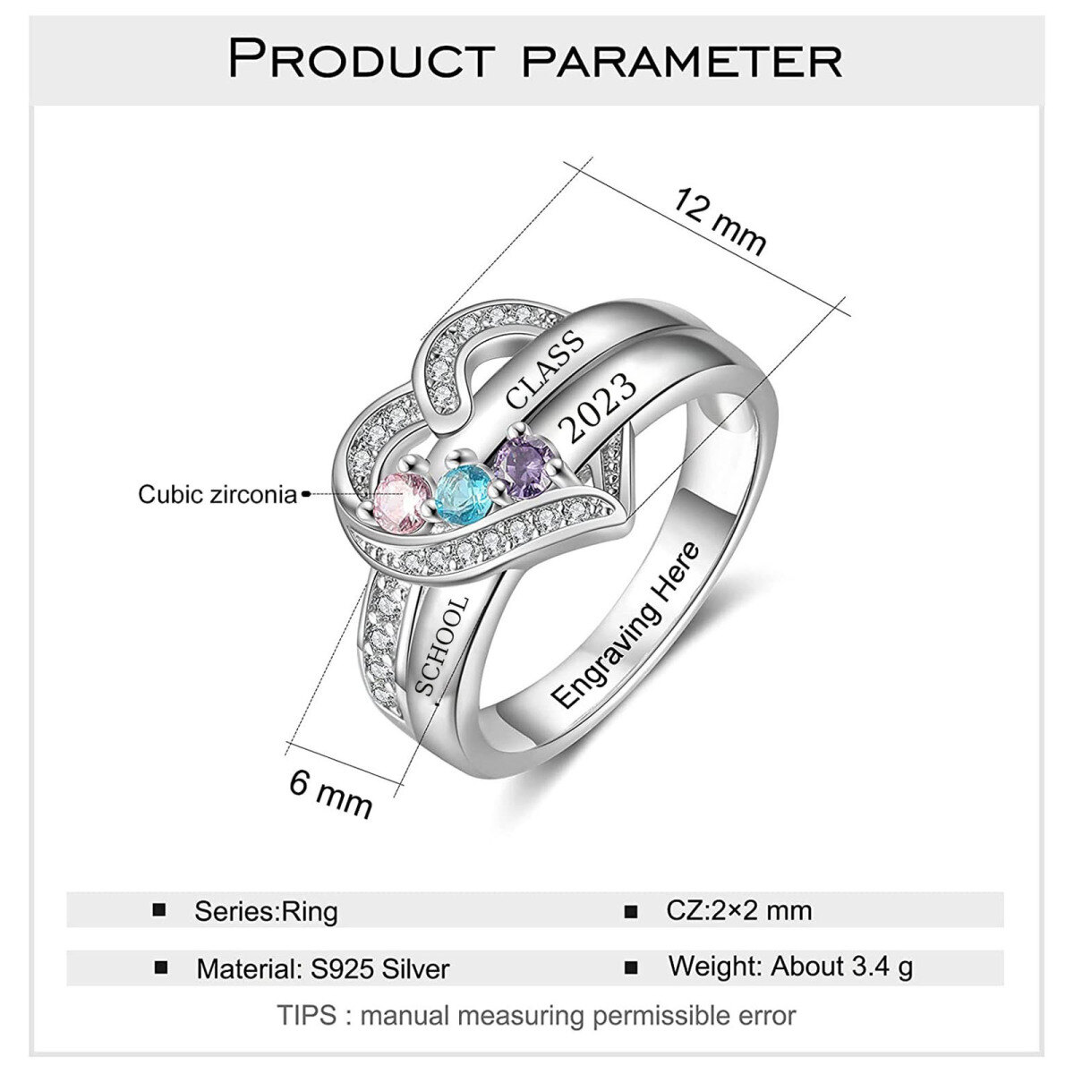 Sterling Silver Heart Personalized Engraving & Birthstone Class Ring-3