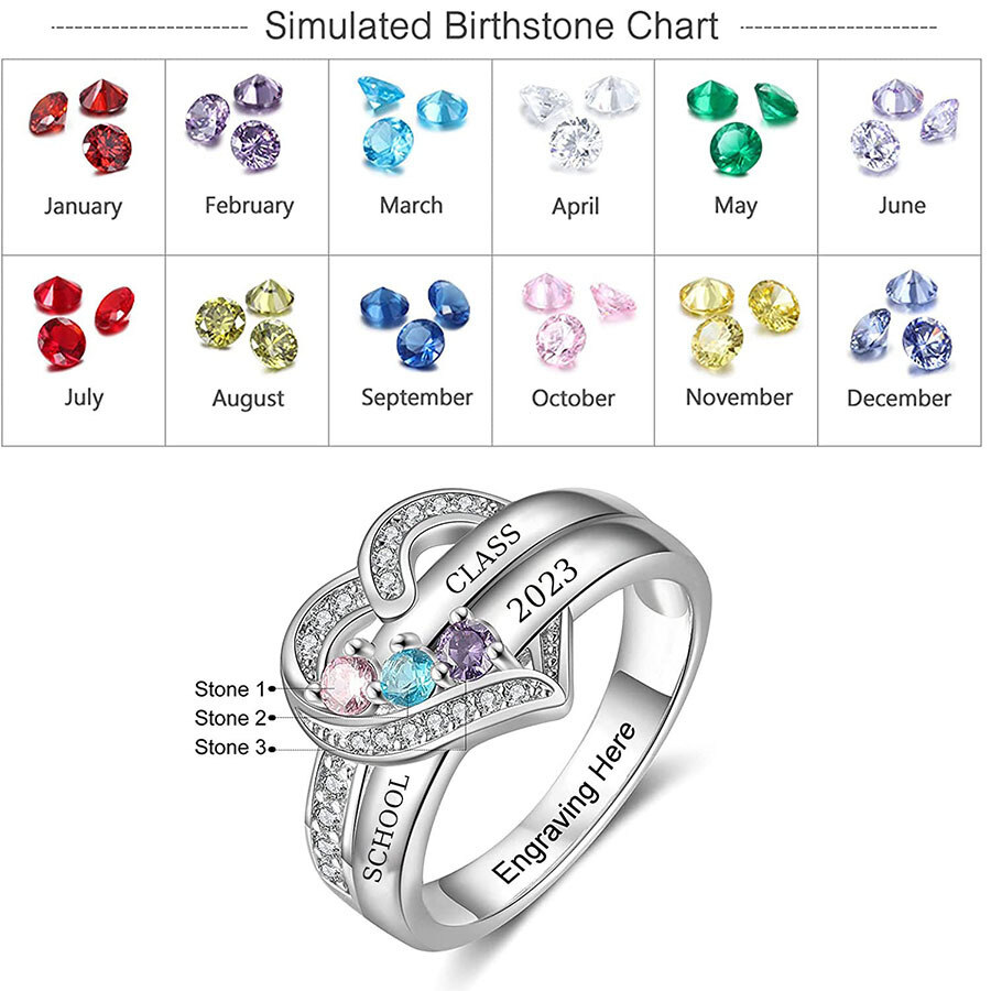 Sterling Silver Heart Personalized Engraving & Birthstone Class Ring-4