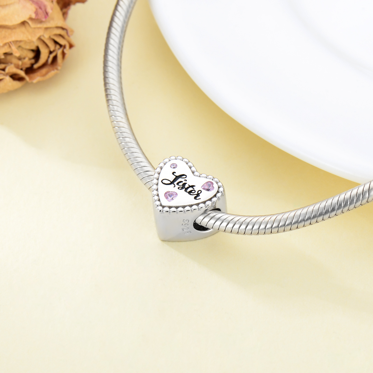 Sterling Silver Heart Cubic Zirconia Personalized Photo & Auntie Bead Charm For Grandmother Mother Sisters Auntie-3