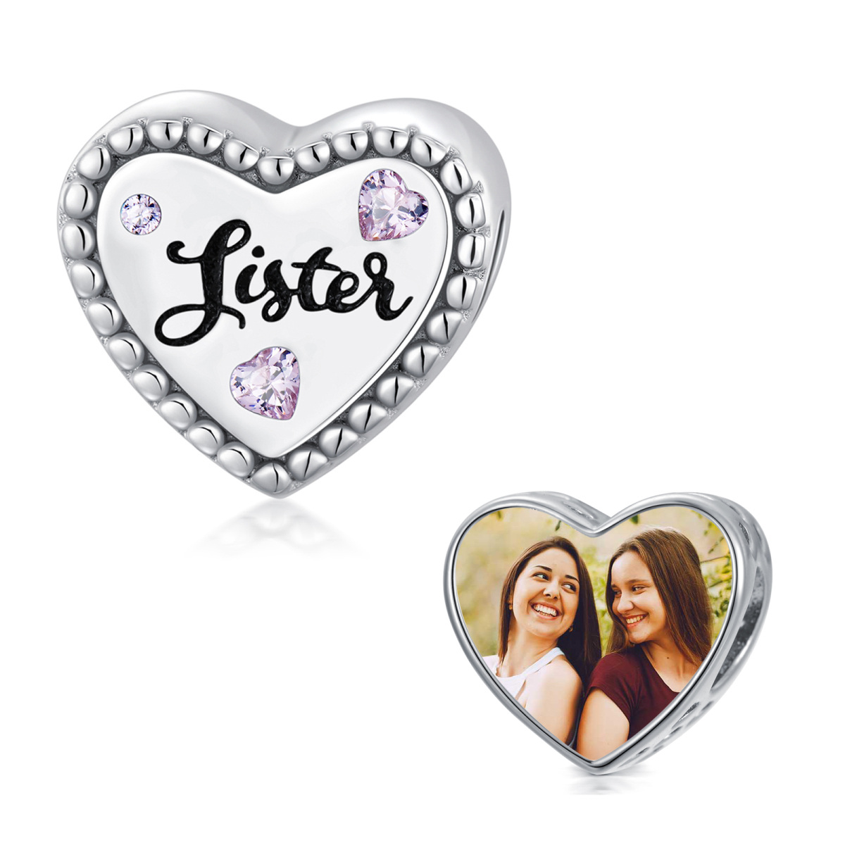 Sterling Silver Heart Cubic Zirconia Personalized Photo & Auntie Bead Charm For Grandmother Mother Sisters Auntie-6