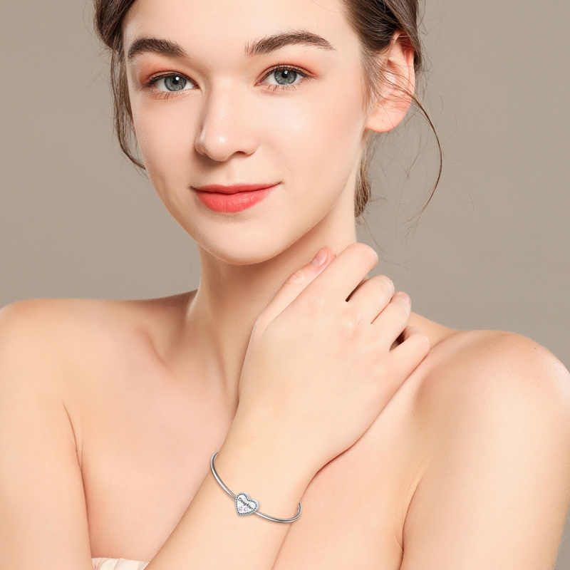 Sterling Silver Heart Cubic Zirconia Personalized Photo & Auntie Bead Charm For Grandmother Mother Sisters Auntie-2