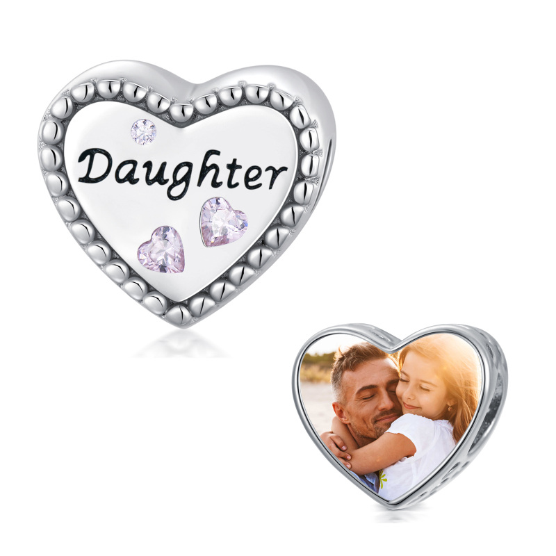 Sterling Silver Heart Cubic Zirconia Personalized Photo & Auntie Bead Charm For Grandmother Mother Sisters Auntie-7