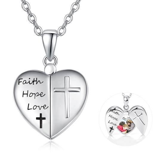 Sterling Silver Heart Personalized Photo Locket Necklace Engraved Faith Hope Love